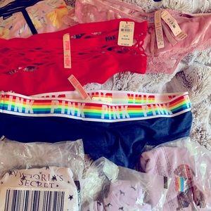 5 NWT Vs pink pantie bundle 🌺🍄🐊🎃 pride velvet lace fish net fishnet